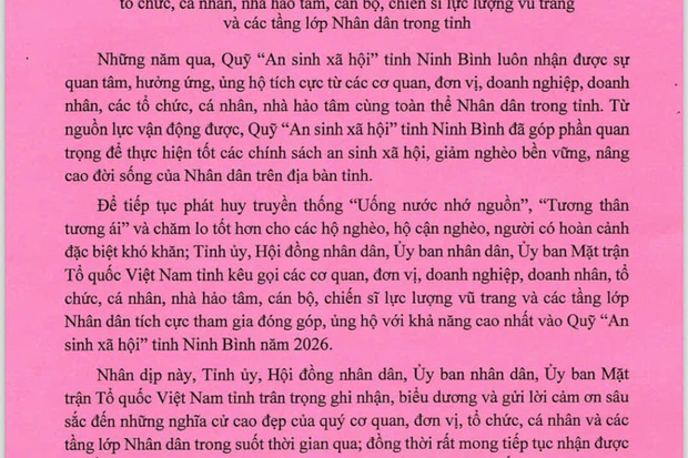 THƯ NGỎ VỀ VIỆC ỦNG HỘ QUỸ “AN SINH XÃ HỘI” TỈNH NINH BÌNH NĂM 2026